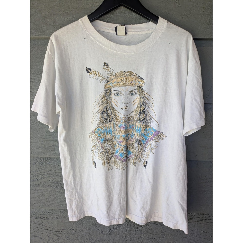 Vintage Diamond Dust Shirt Mens Large White Native American Graphic Thrashed Tee